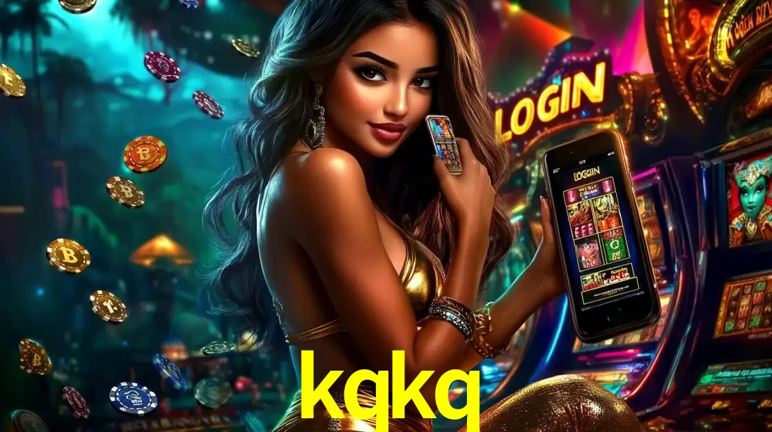 Mulher em um cenário de cassino temático de aventura, mostrando o app de caça-níqueis da kqkq no celular. Fichas de apostas flutuam ao redor.