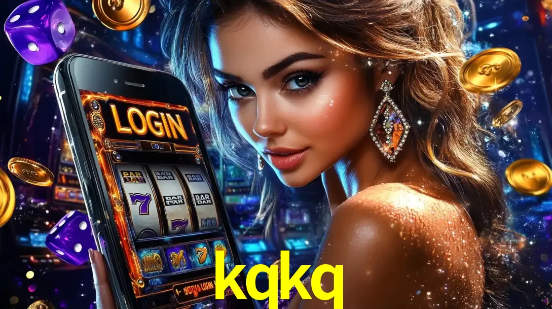 Mulher glamorosa segurando um smartphone com a tela de login para os jogos de caça-níqueis do cassino online kqkq, com moedas de ouro e dados ao redor.
